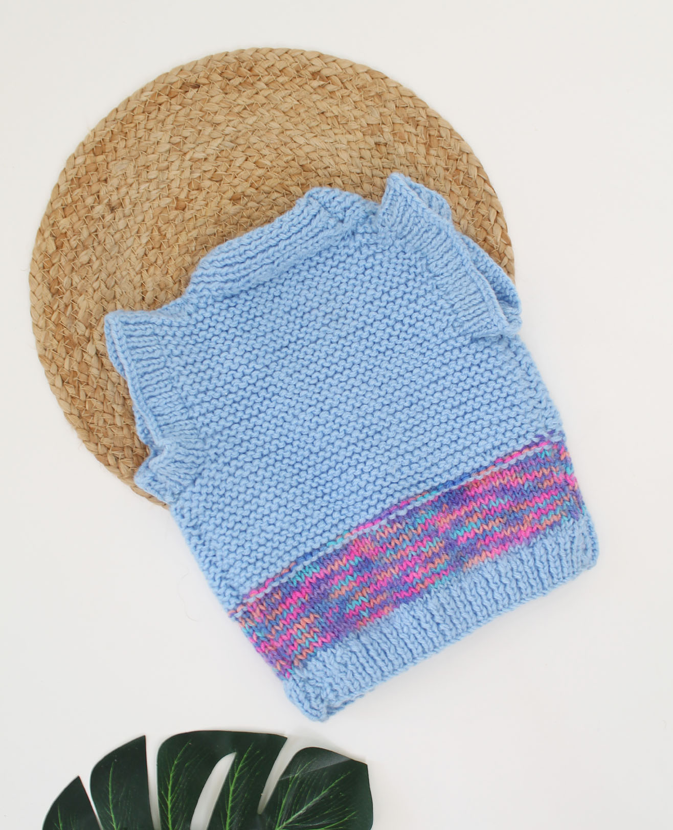Woonie Handmade Short Sleeves Self Design Knitted Vest-Blue