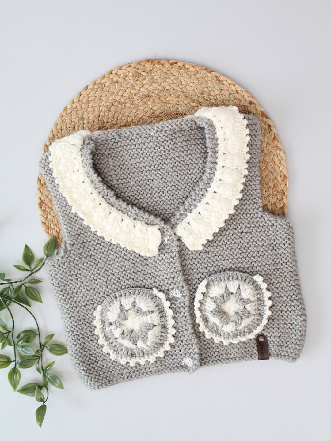 Hand Knitted Newborn Vest with Granny Square Pockets - Grey