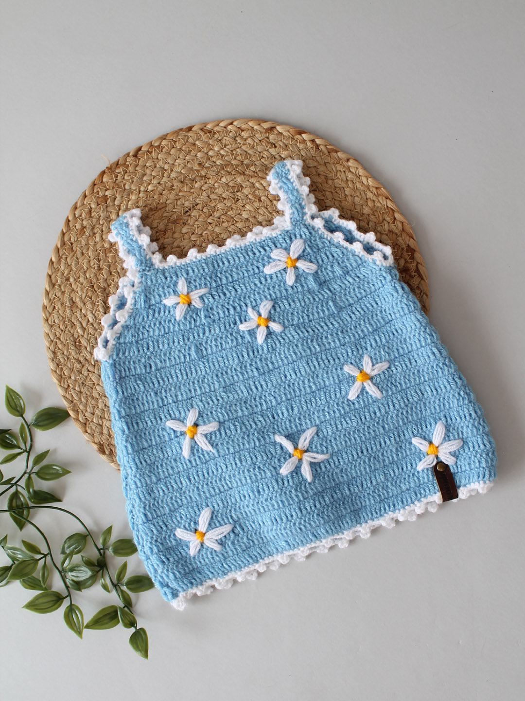 Handmade Floral Embroidered Crochet Vest for Infants -Sky Blue