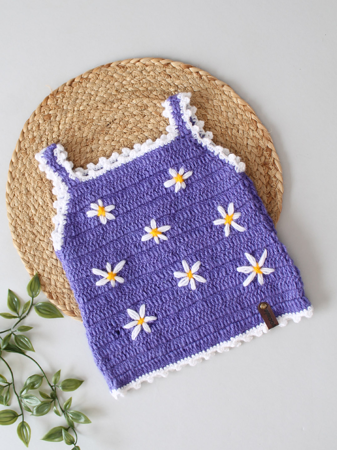 Strappy Floral Embroidery Crochet Baby Vest for Winters-Purple
