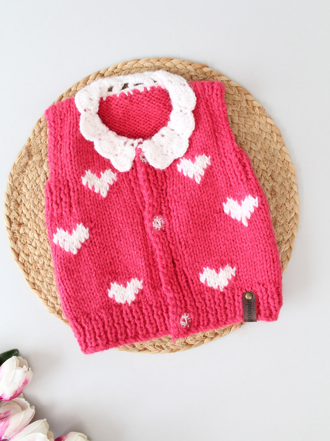 Hand Knitted Heart Detailing Front Openable Childrens Vest-Pink