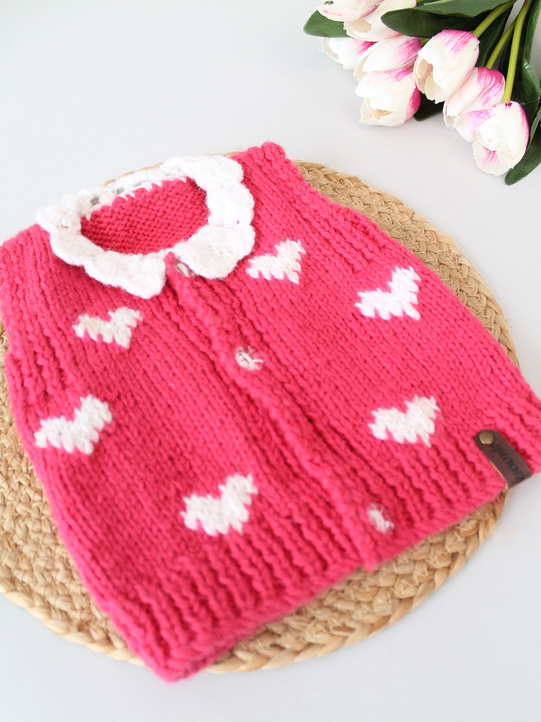 Hand Knitted Heart Detailing Front Openable Childrens Vest-Pink