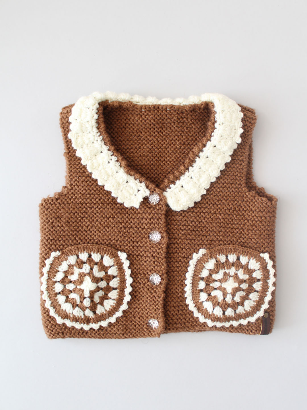 Hand Knitted Granny Square Pockets Vest - Brown