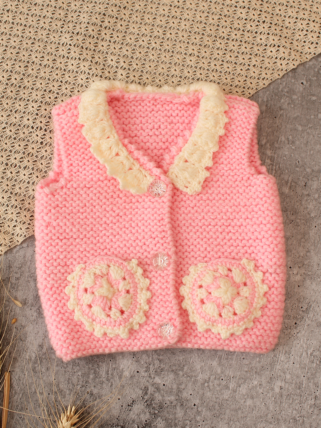 Woonie Handknitted Pocket Detailed Vest- Pink