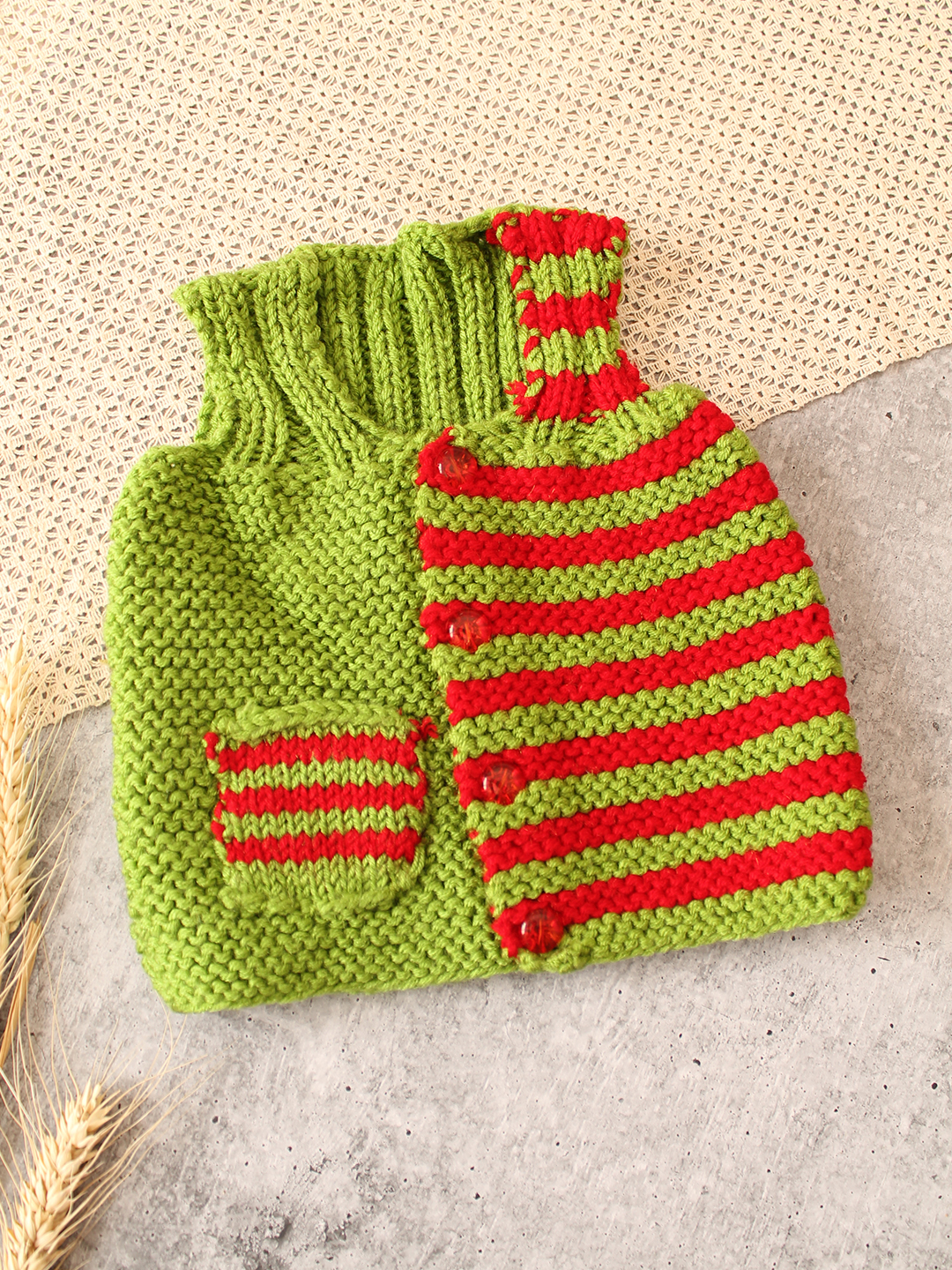 Woonie Handknitted Striped Vest - Green