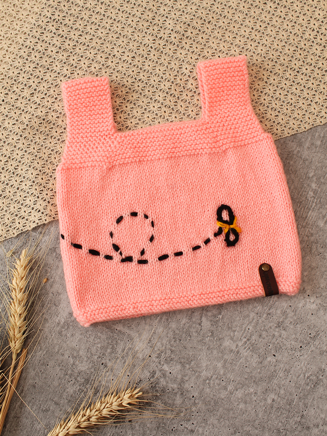 Woonie Handknitted Bee Embroidered Vest - Peach