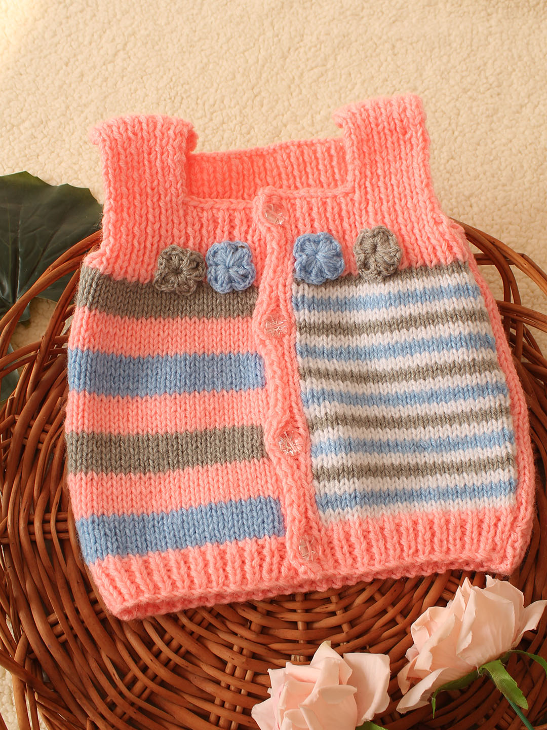 Woonie Handknitted Floral Vest - Peach