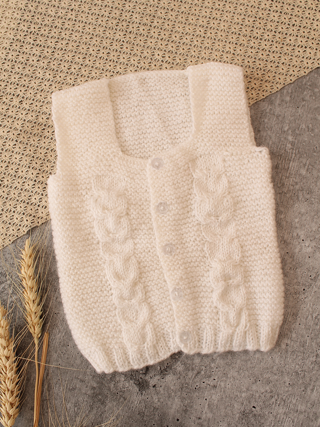 Woonie Handknitted Cable Detail Vest - Cream