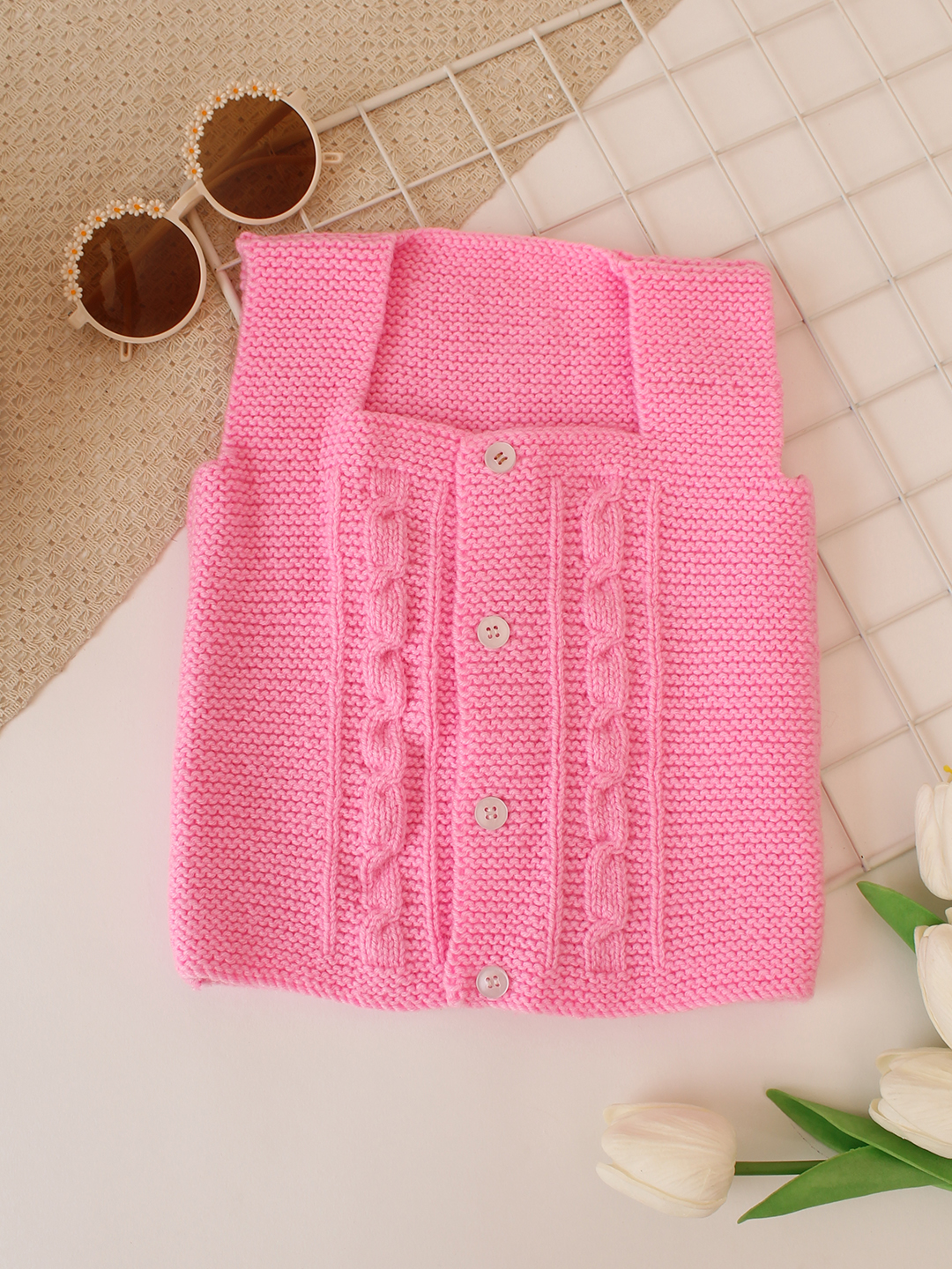 Woonie Handknitted Cable Detail Vest - Pink