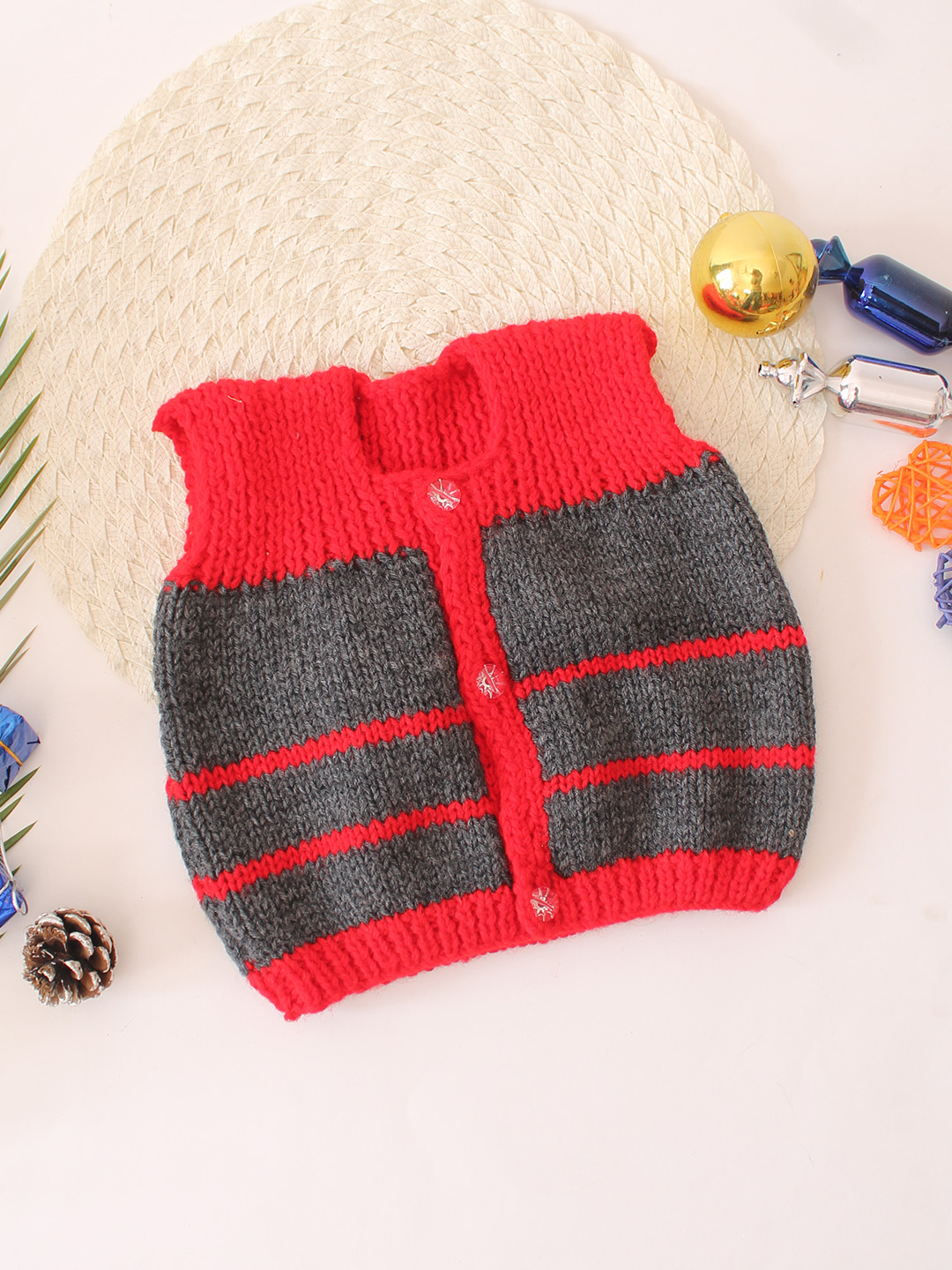 Woonie Handknitted Dual Color Woolen Vest - Red