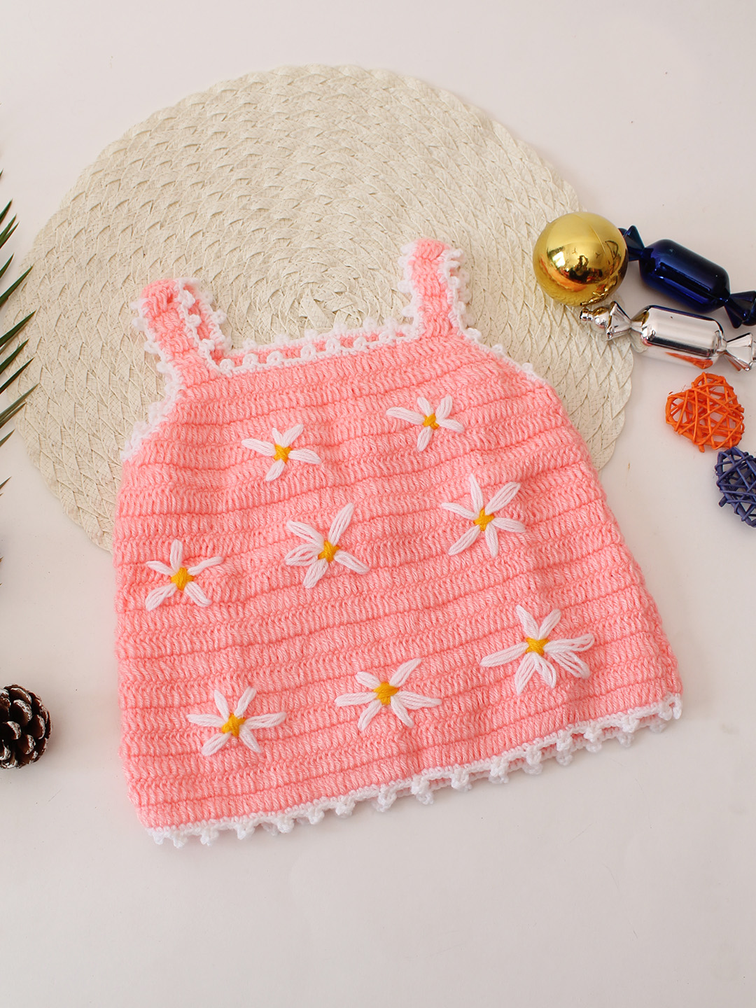 Woonie Strappy Floral Embroidery Crochet Baby Vest for Winter - Peach