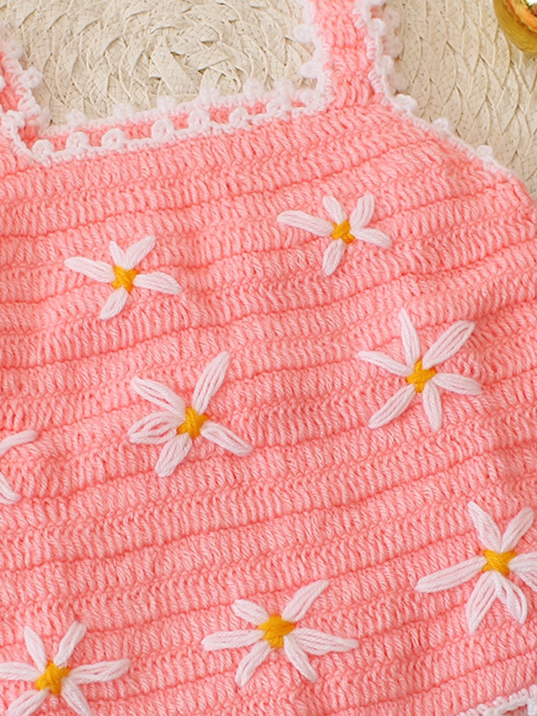 Woonie Strappy Floral Embroidery Crochet Baby Vest for Winter - Peach