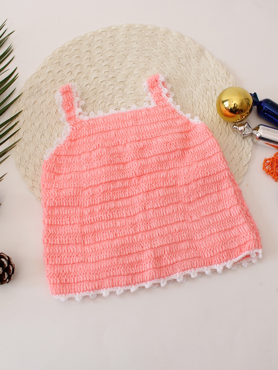 Woonie Strappy Floral Embroidery Crochet Baby Vest for Winter - Peach