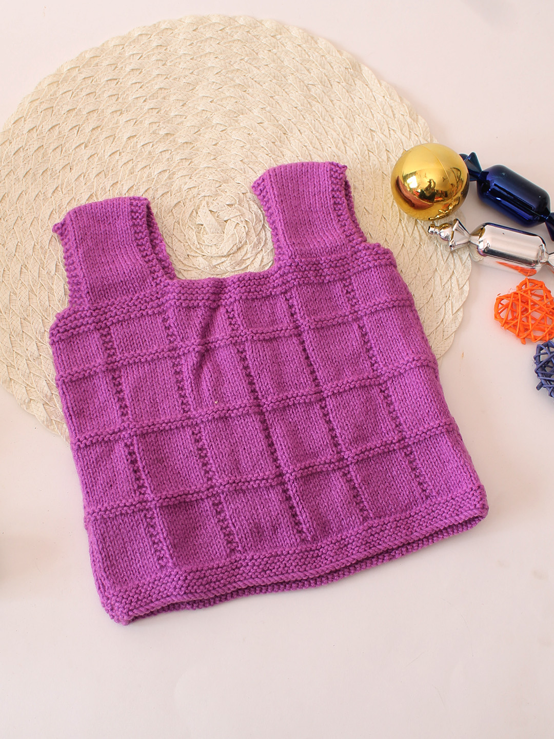 Woonie Kids Sleeveless Strapy Self Design Knitted Vest - Purple