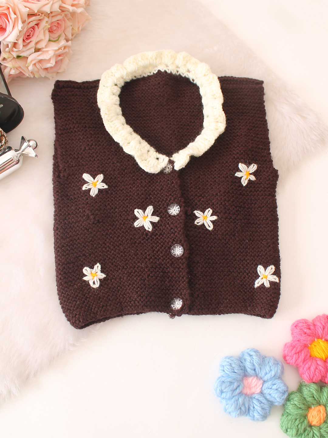 Woonie Handknitted Floral Front Openable Vest - Brown