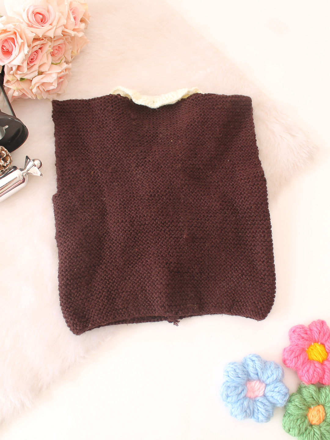 Woonie Handknitted Floral Front Openable Vest - Brown