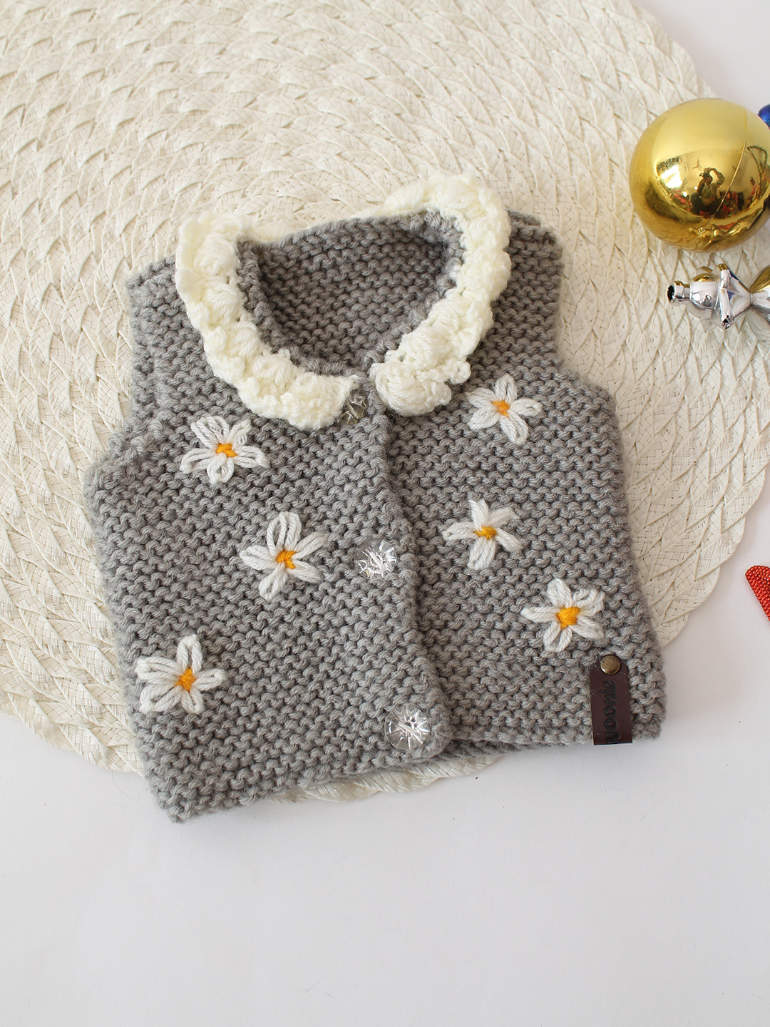 Woonie Handknitted Floral Front Openable Vest - Grey