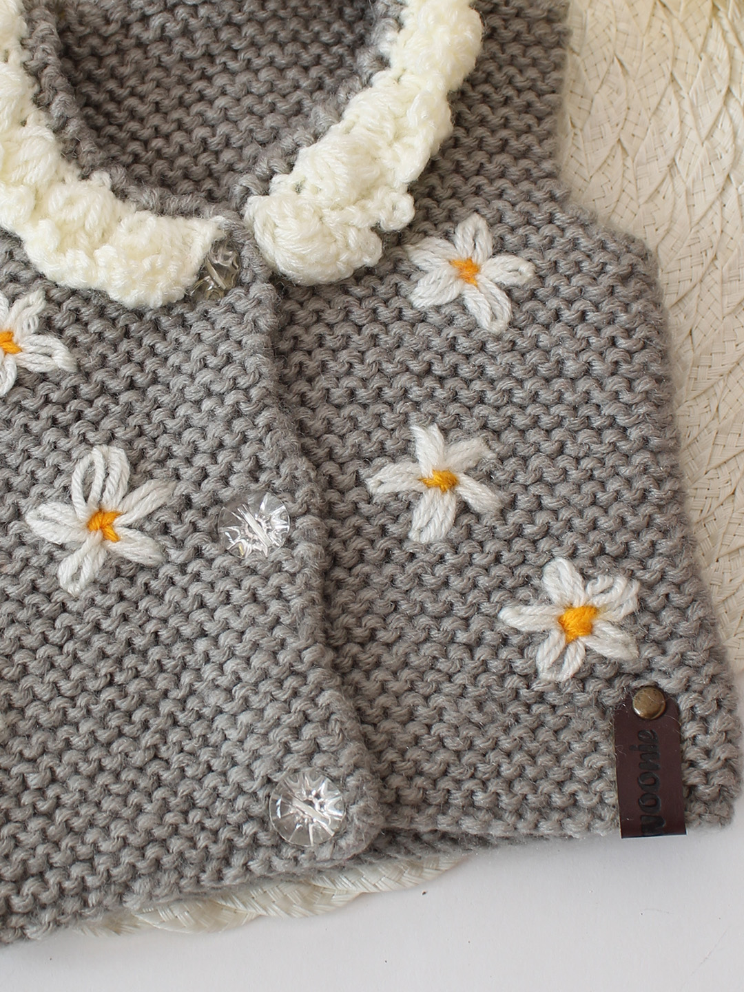 Woonie Handknitted Floral Front Openable Vest - Grey
