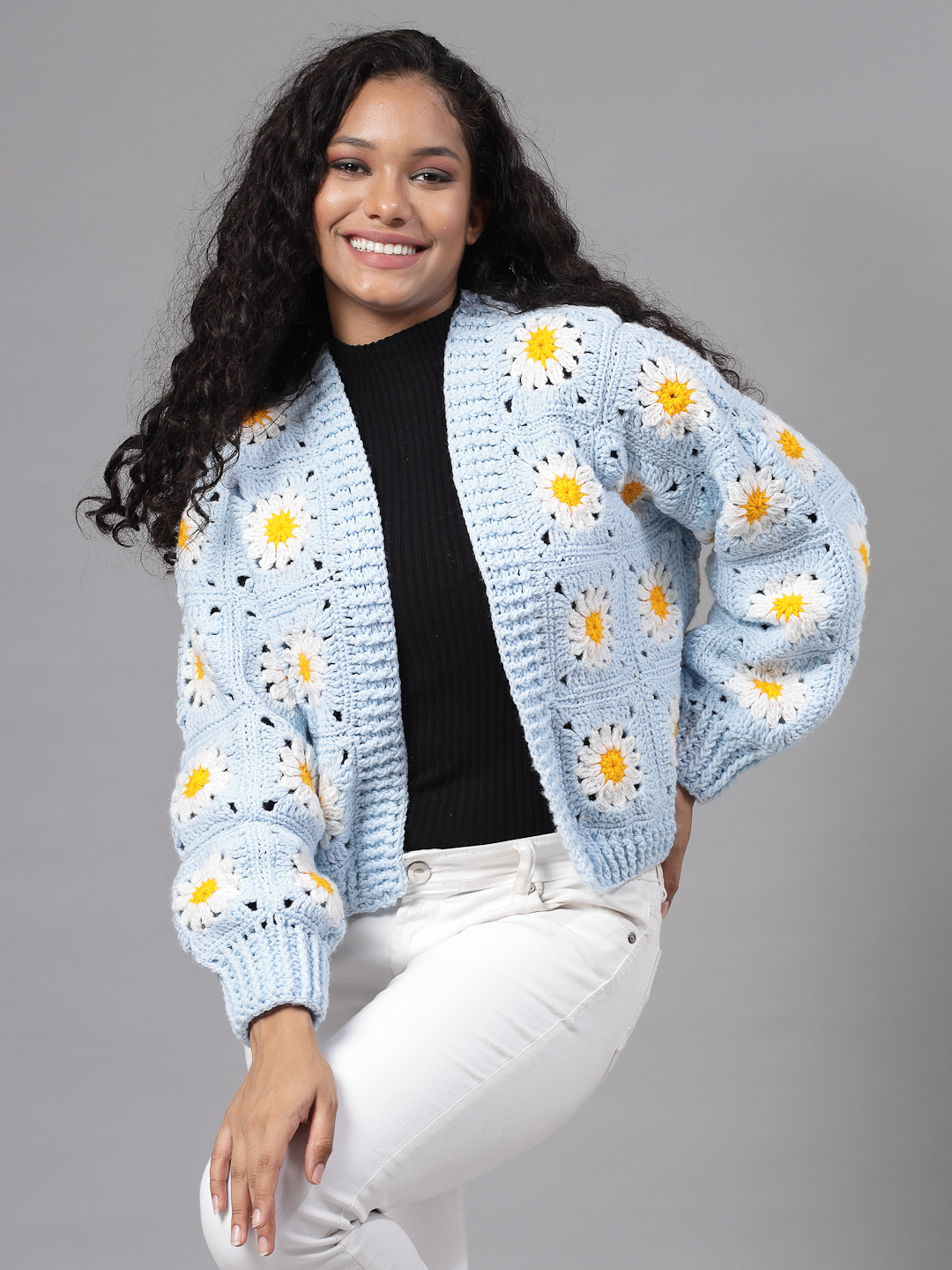 Daisy Granny Square Cardigan for Women Blue - Main Image