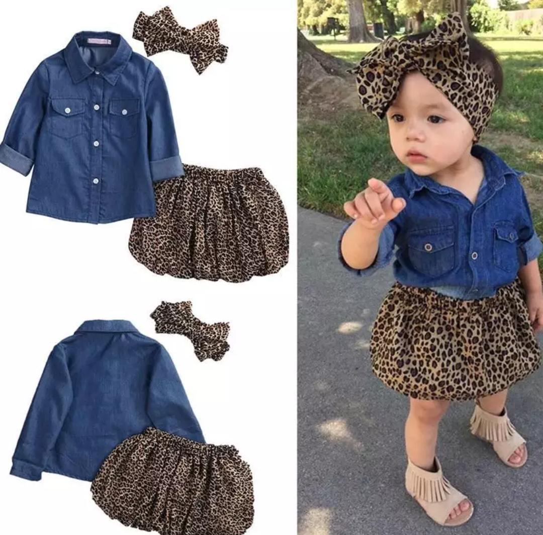 Denim Shirt with Animal Print Skirt And Headband