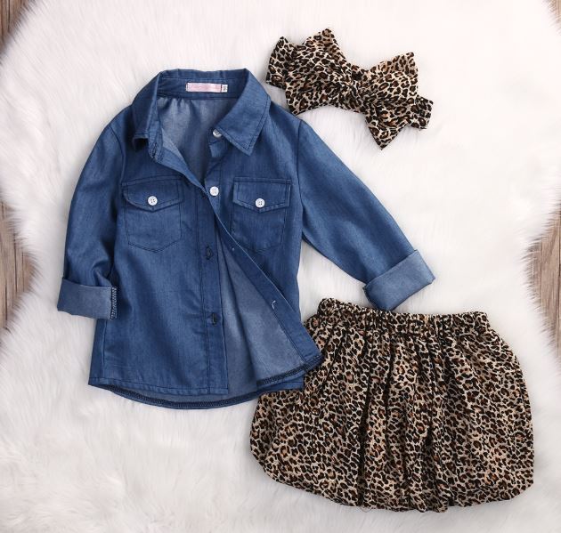 Denim Shirt with Animal Print Skirt And Headband