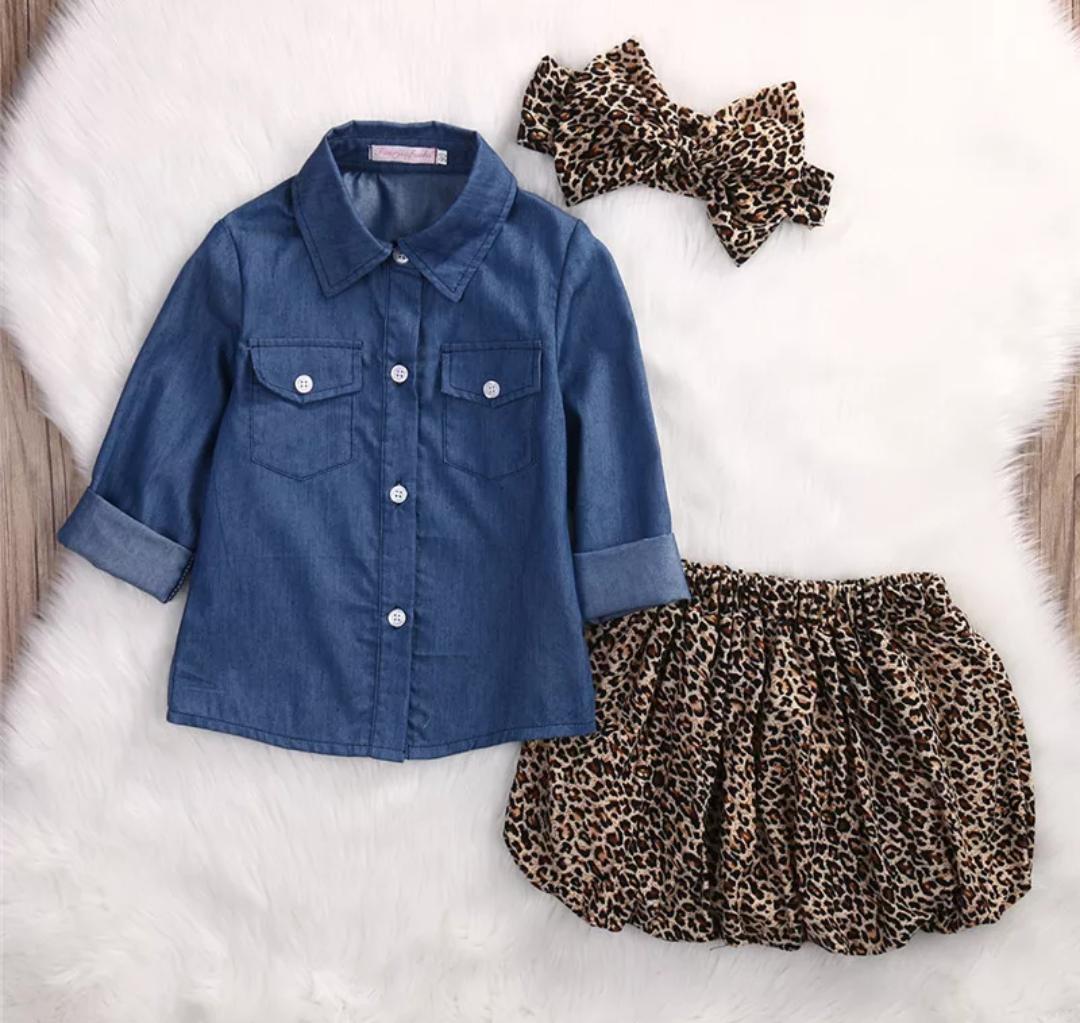 Denim Shirt with Animal Print Skirt And Headband