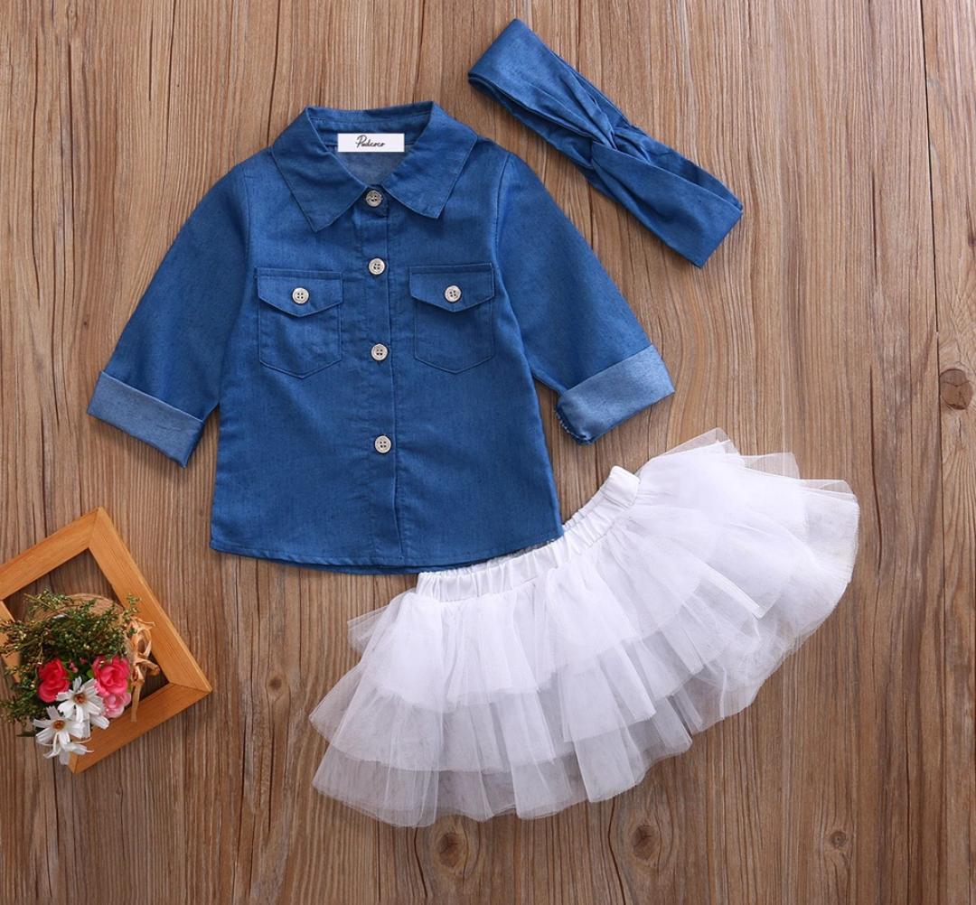 Denim White 3 Pc set with Headband