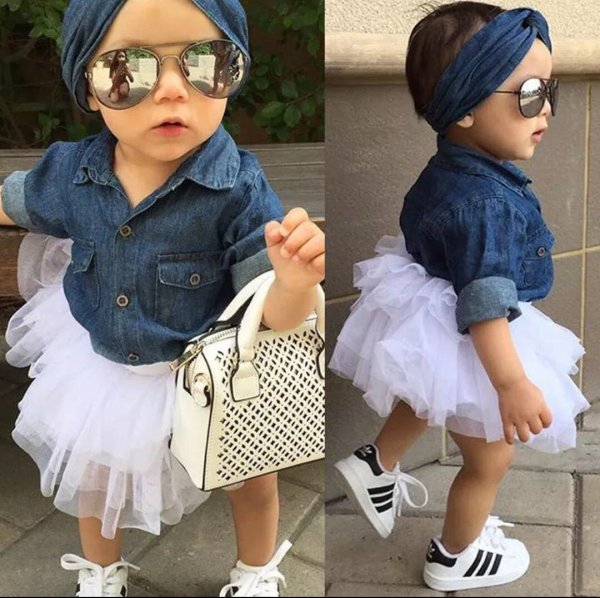 Image of Denim White 3 Pc set with Headband