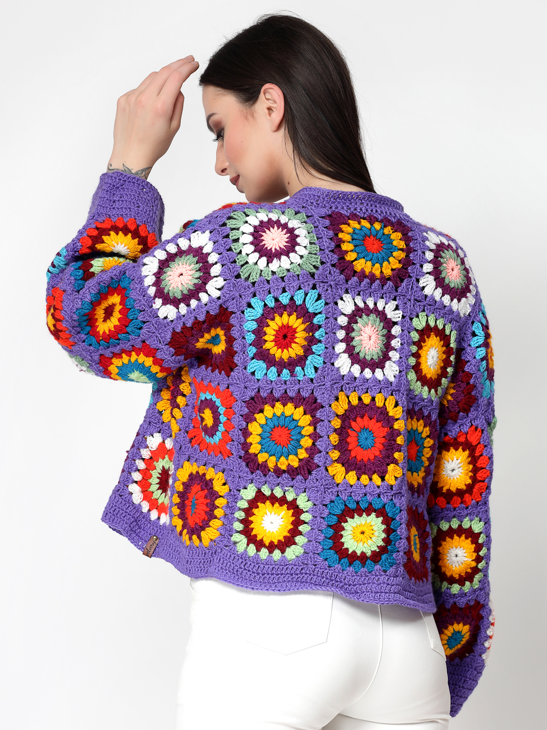 Crochet Granny Square Baggy Cardigan for Women- Purple