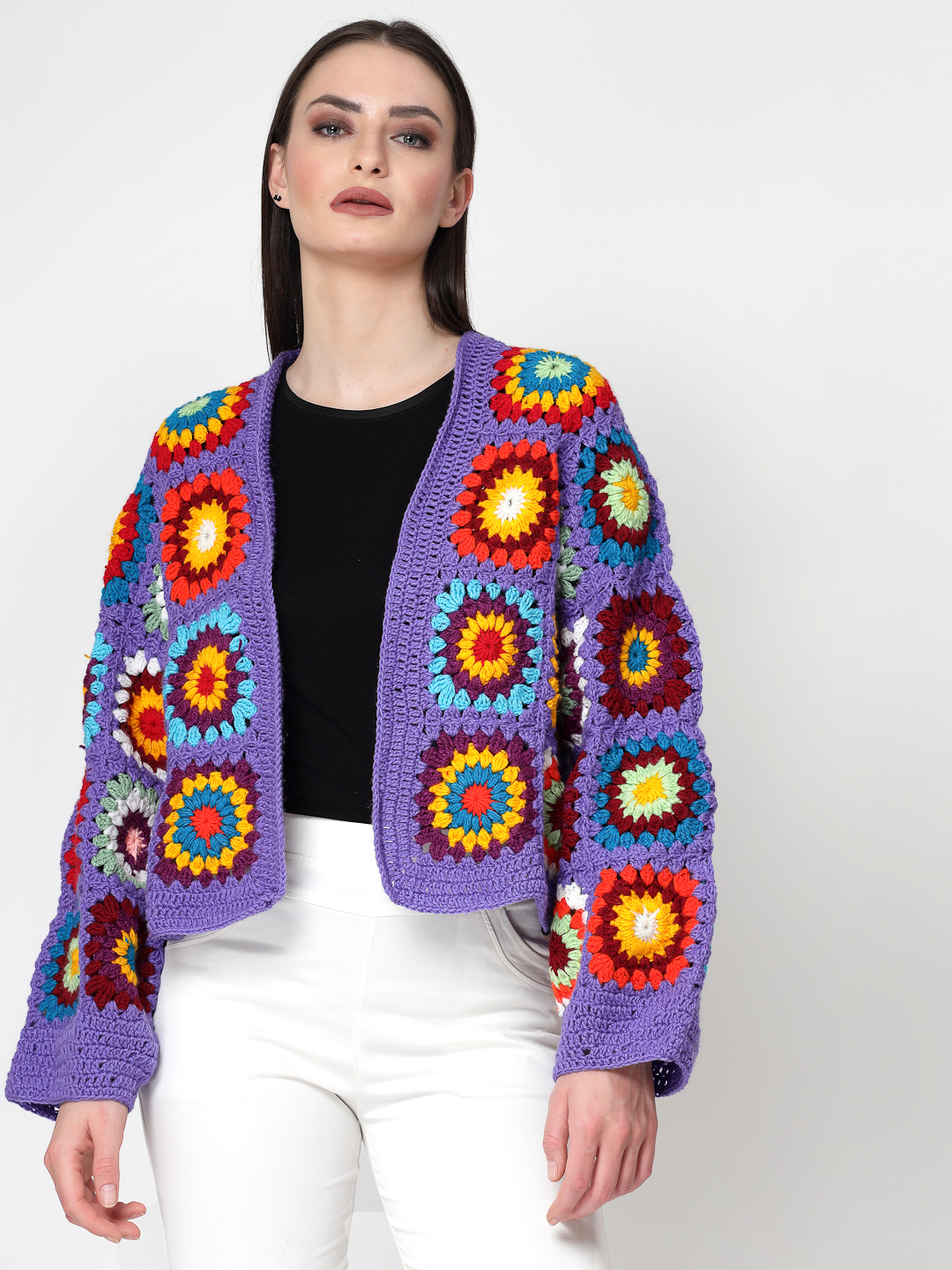 Crochet Granny Square Baggy Cardigan for Women- Purple