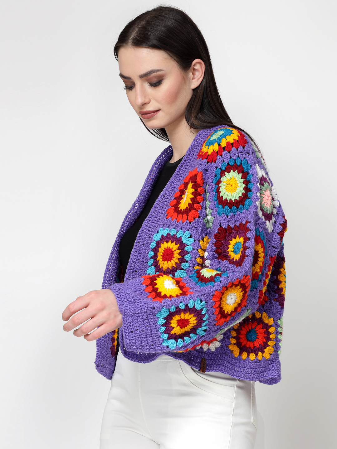 Crochet Granny Square Baggy Cardigan for Women- Purple