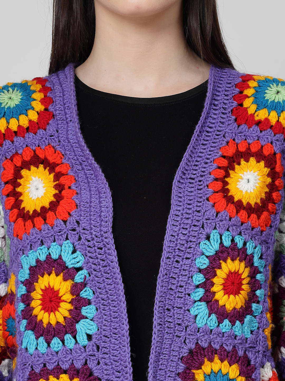 Crochet Granny Square Baggy Cardigan for Women- Purple