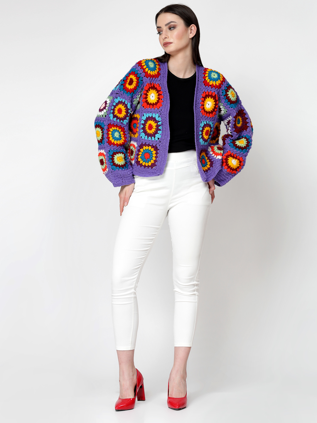 Crochet Granny Square Baggy Cardigan for Women- Purple