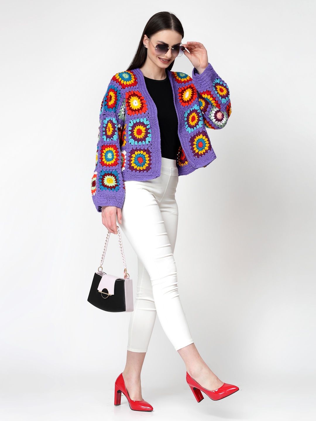 Crochet Granny Square Baggy Cardigan for Women- Purple