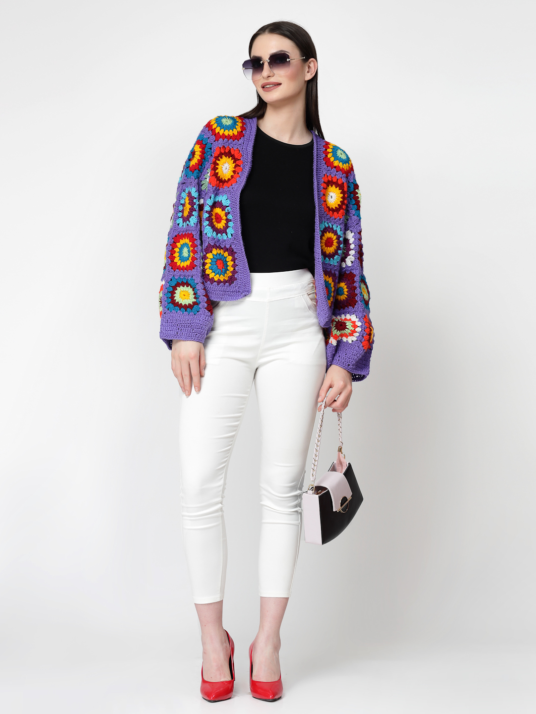 Crochet Granny Square Baggy Cardigan for Women- Purple