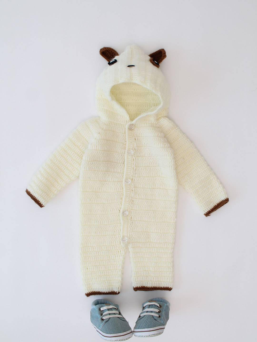 Dog Face Woolen Jumpsuit for Newborn with Hood - Offwhite