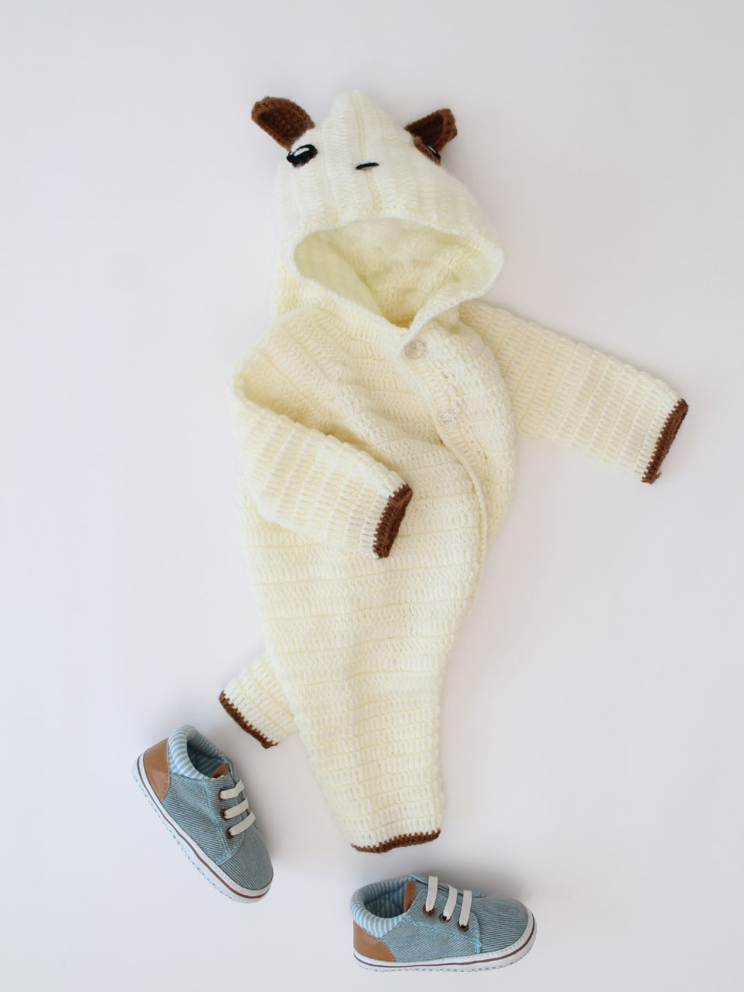 Dog Face Woolen Jumpsuit for Newborn with Hood - Offwhite