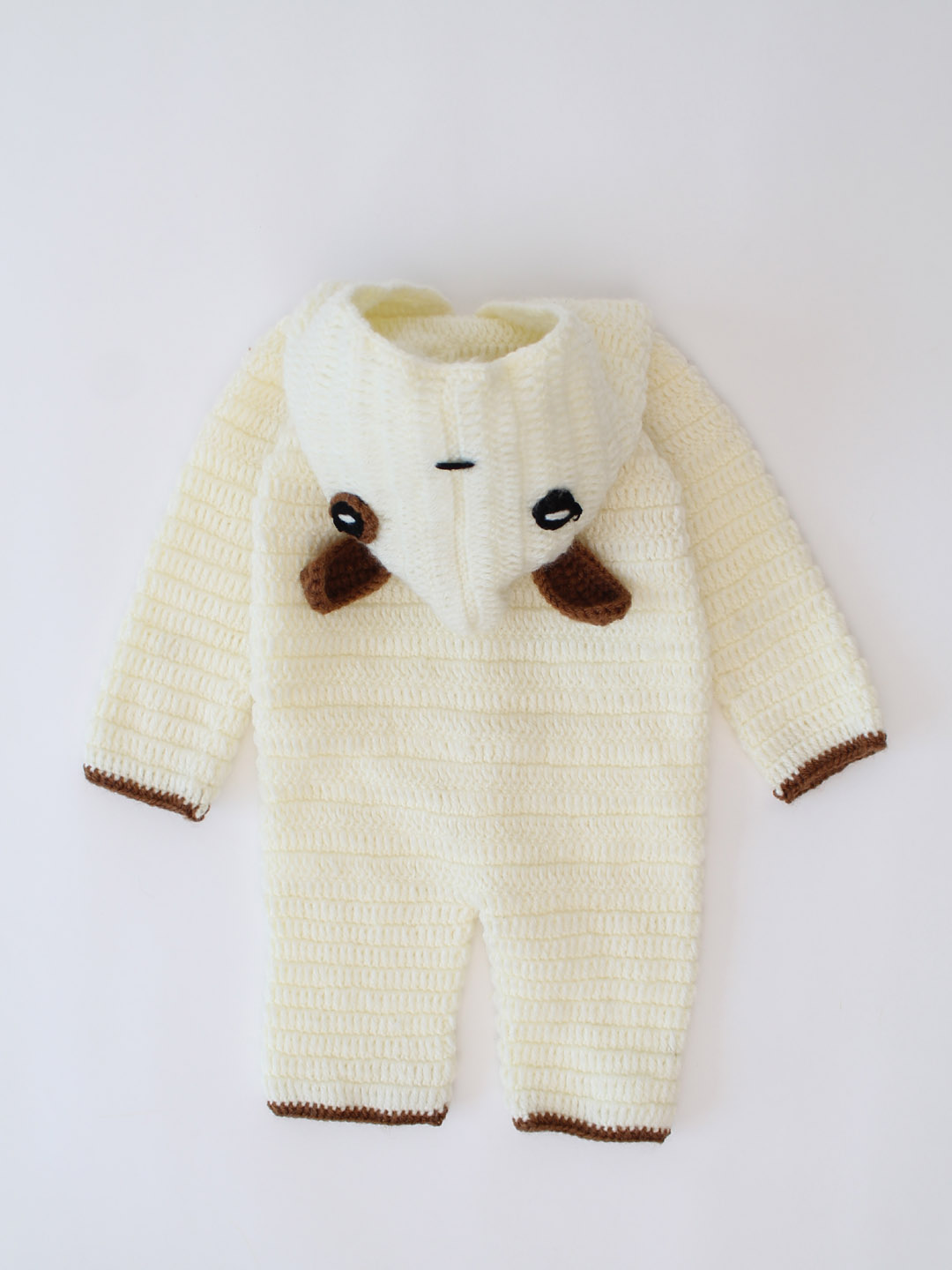 Dog Face Woolen Jumpsuit for Newborn with Hood - Offwhite