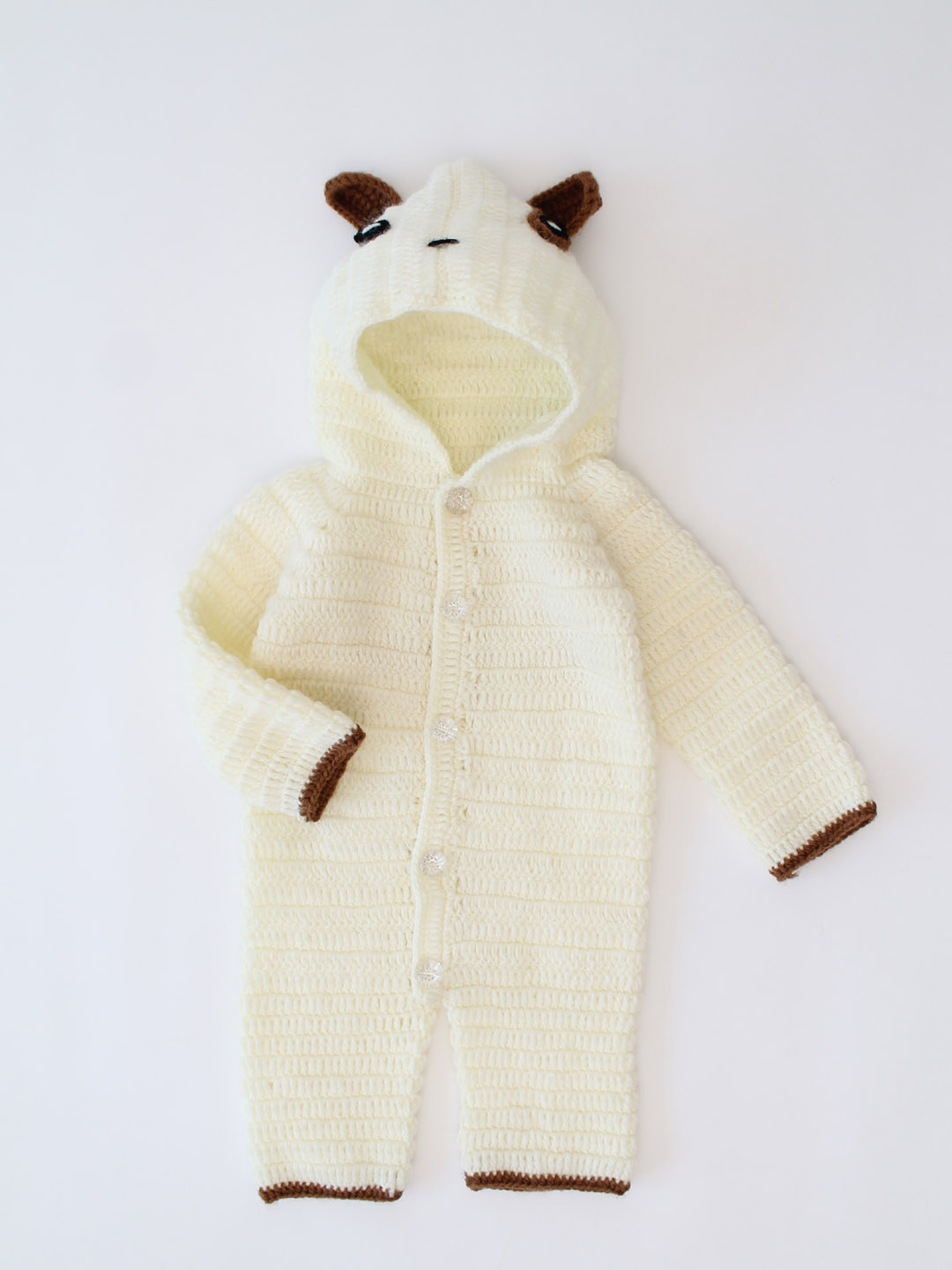 Dog Face Woolen Jumpsuit for Newborn with Hood - Offwhite