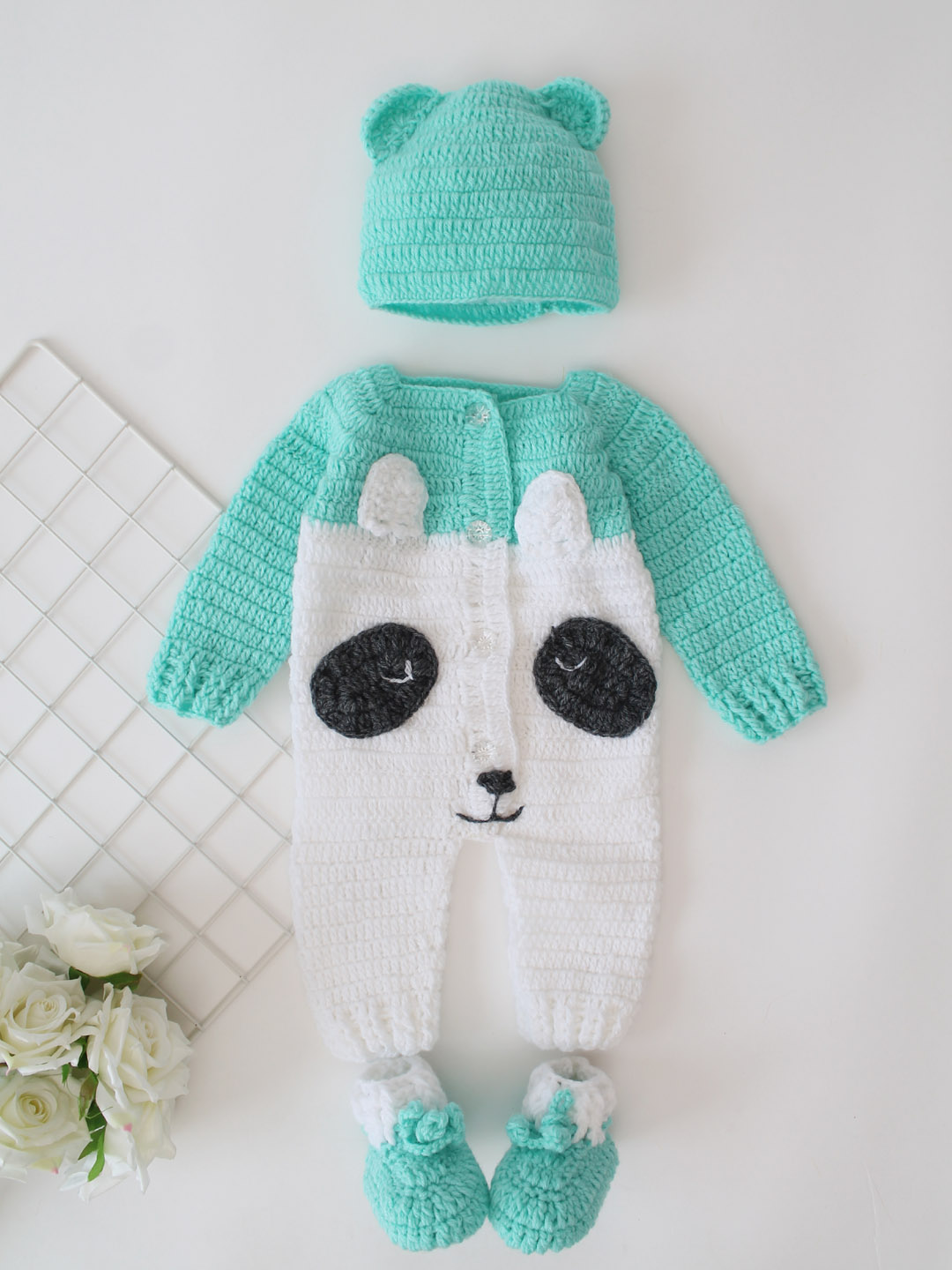Dog Face Woolen Jumpsuit with Hood and Boots - Green