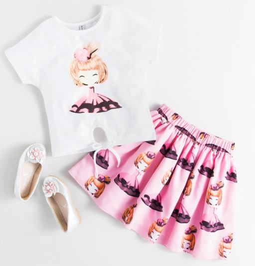 Doll Printed White Top  Pink Skirt