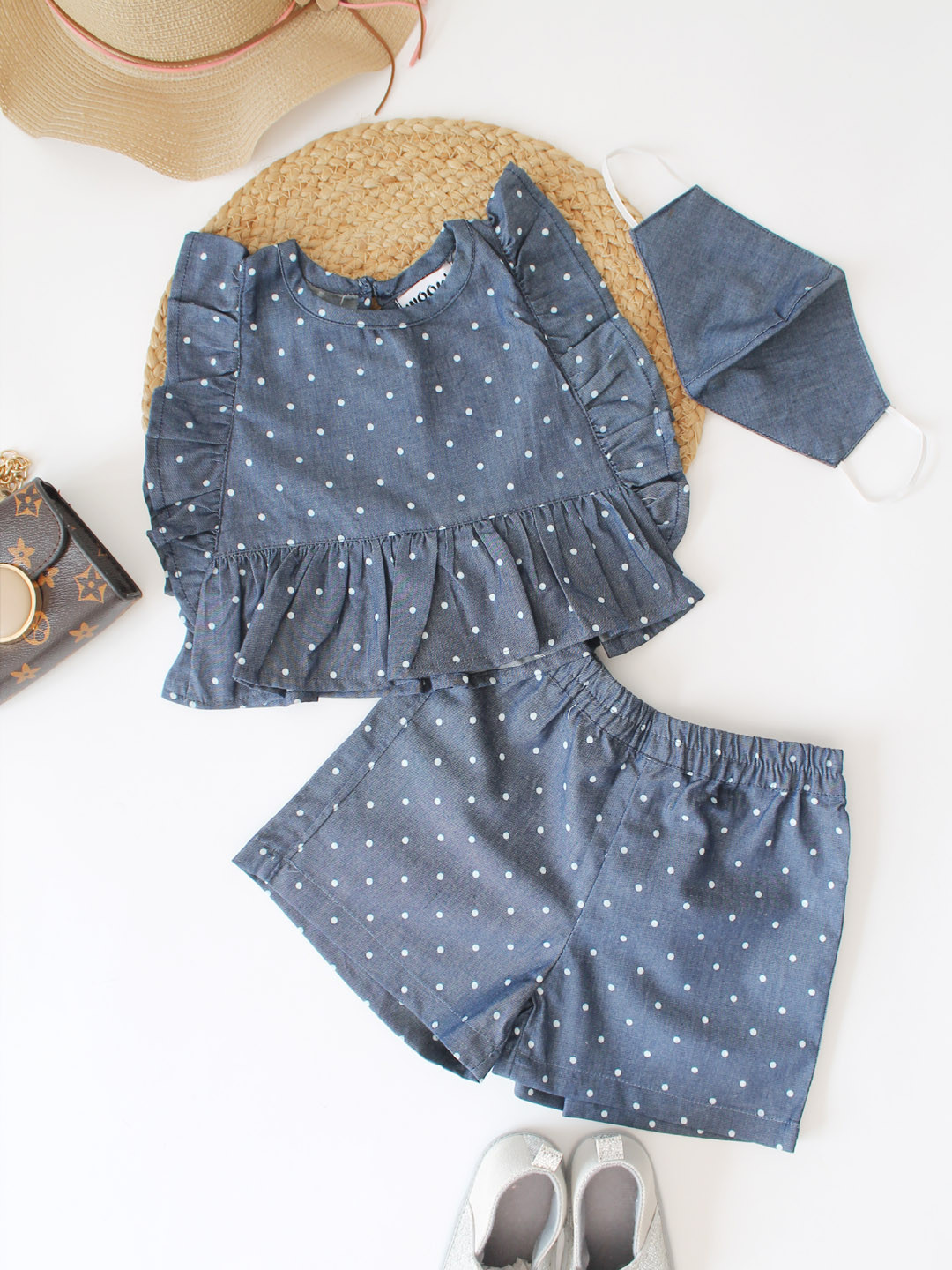 Dot Printed Girls Top & Shorts Summer Set with Mask -Blue