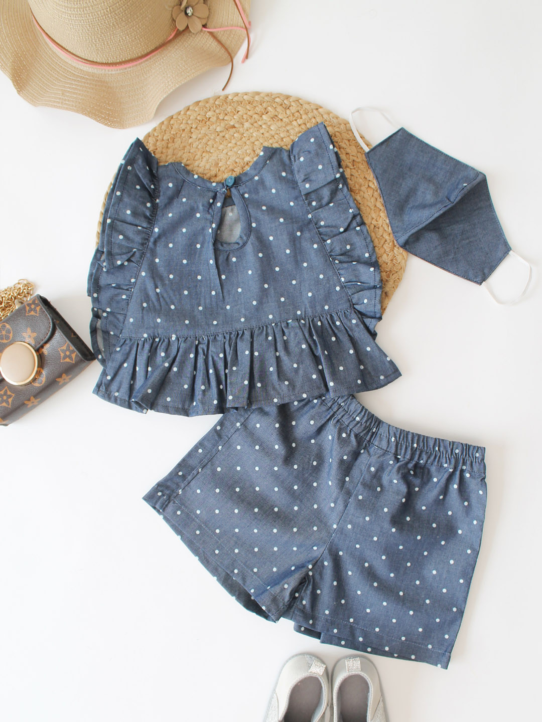 Dot Printed Girls Top & Shorts Summer Set with Mask -Blue