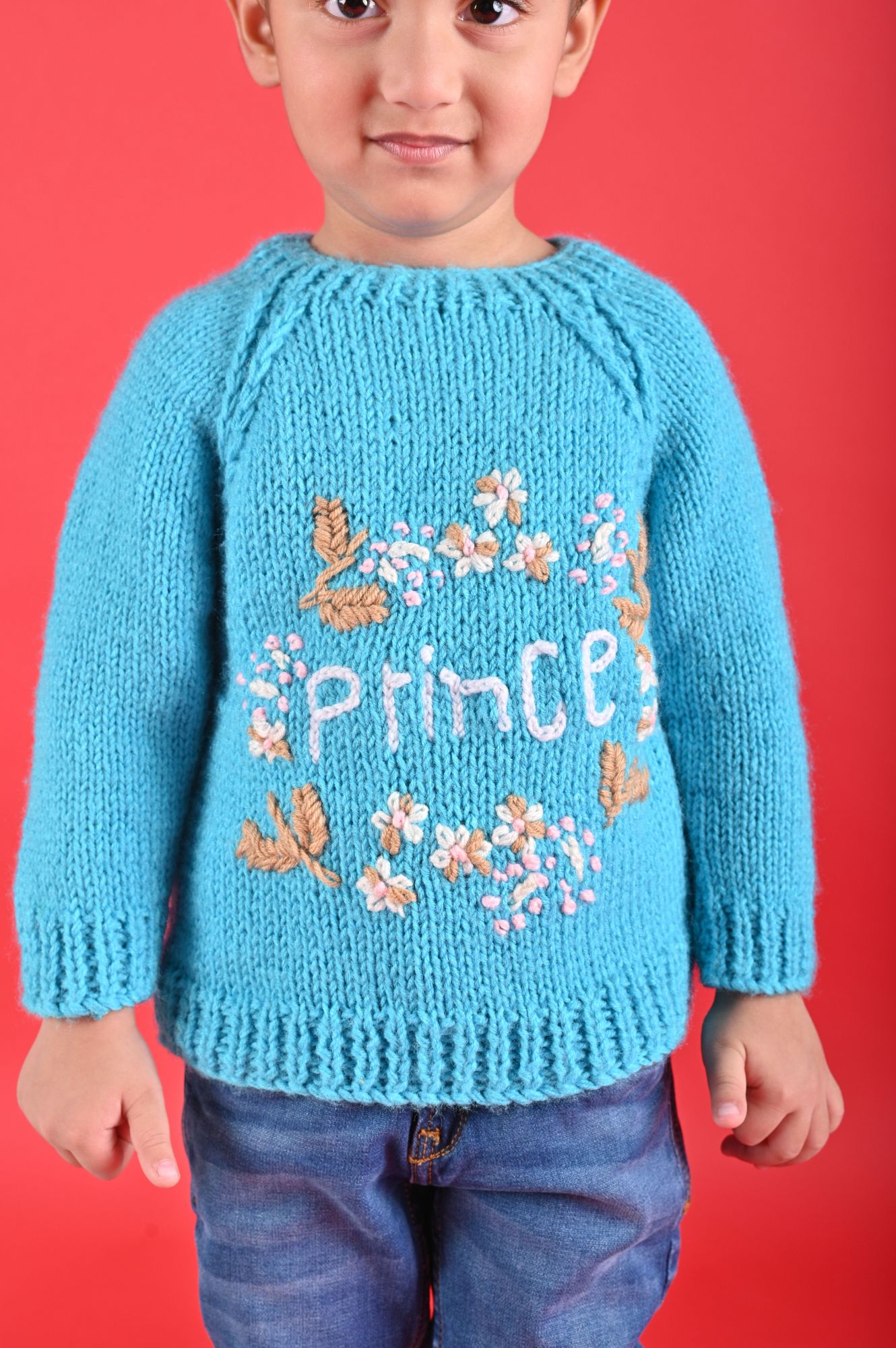 Handknitted Full Sleeves Embroidered Prince Pullover Sweater For Boys - Blue