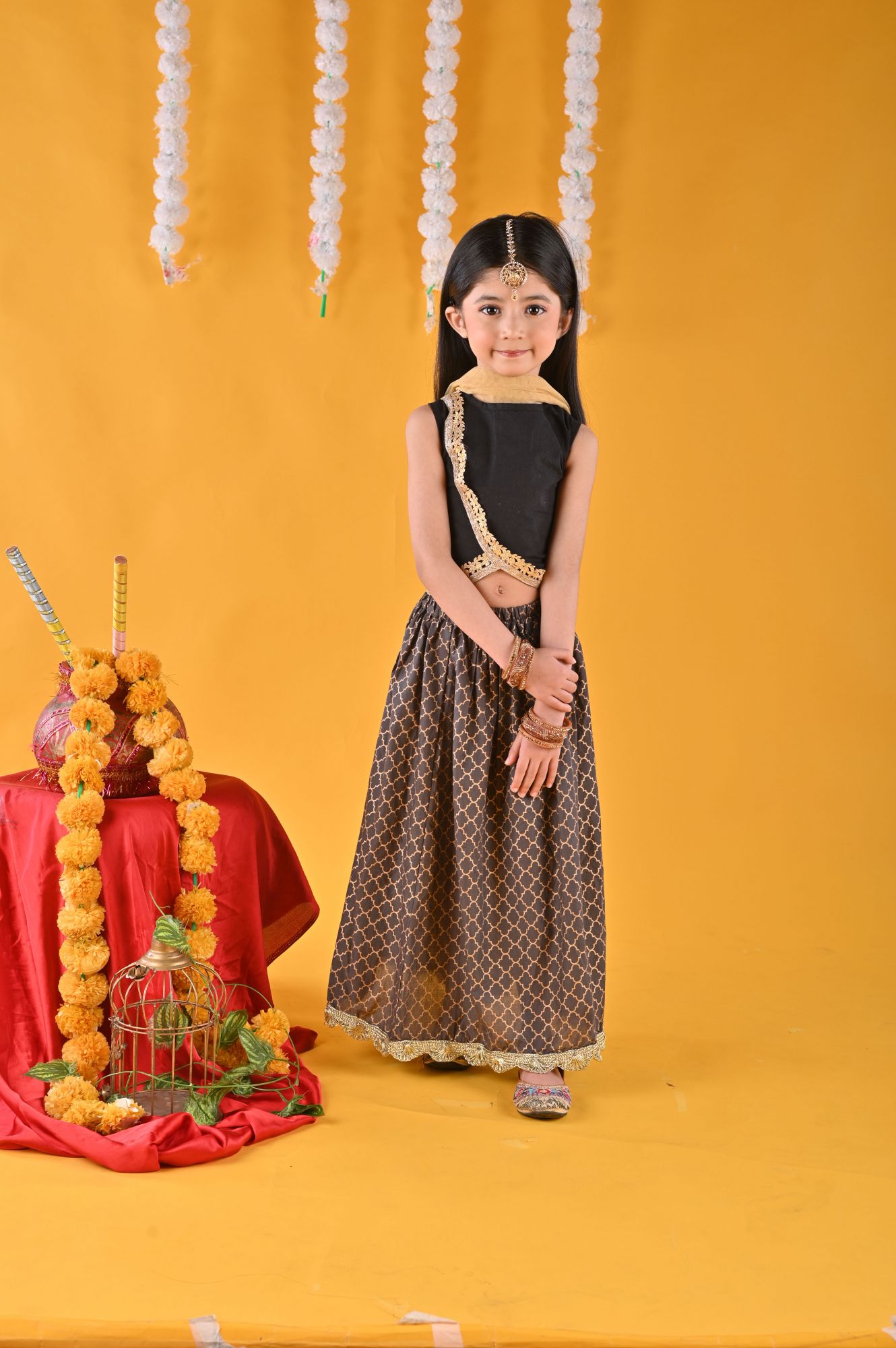 Woonie Sleeveless Zardosi Lace Design Choli With Motif Lehenga & Dupatta - Black