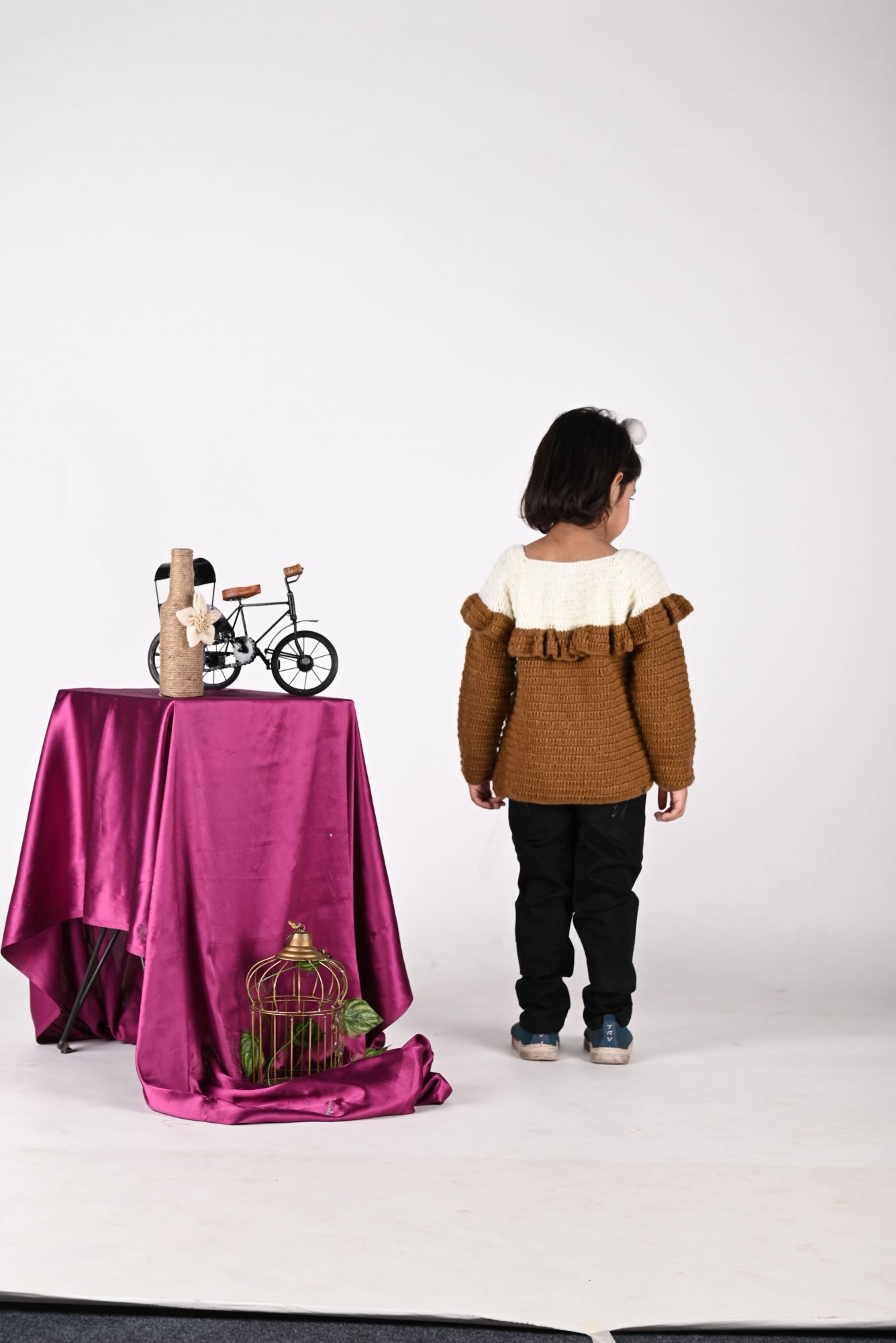 Woonie Full Sleeves Solid Ruffled Handmade Sweater - Brown