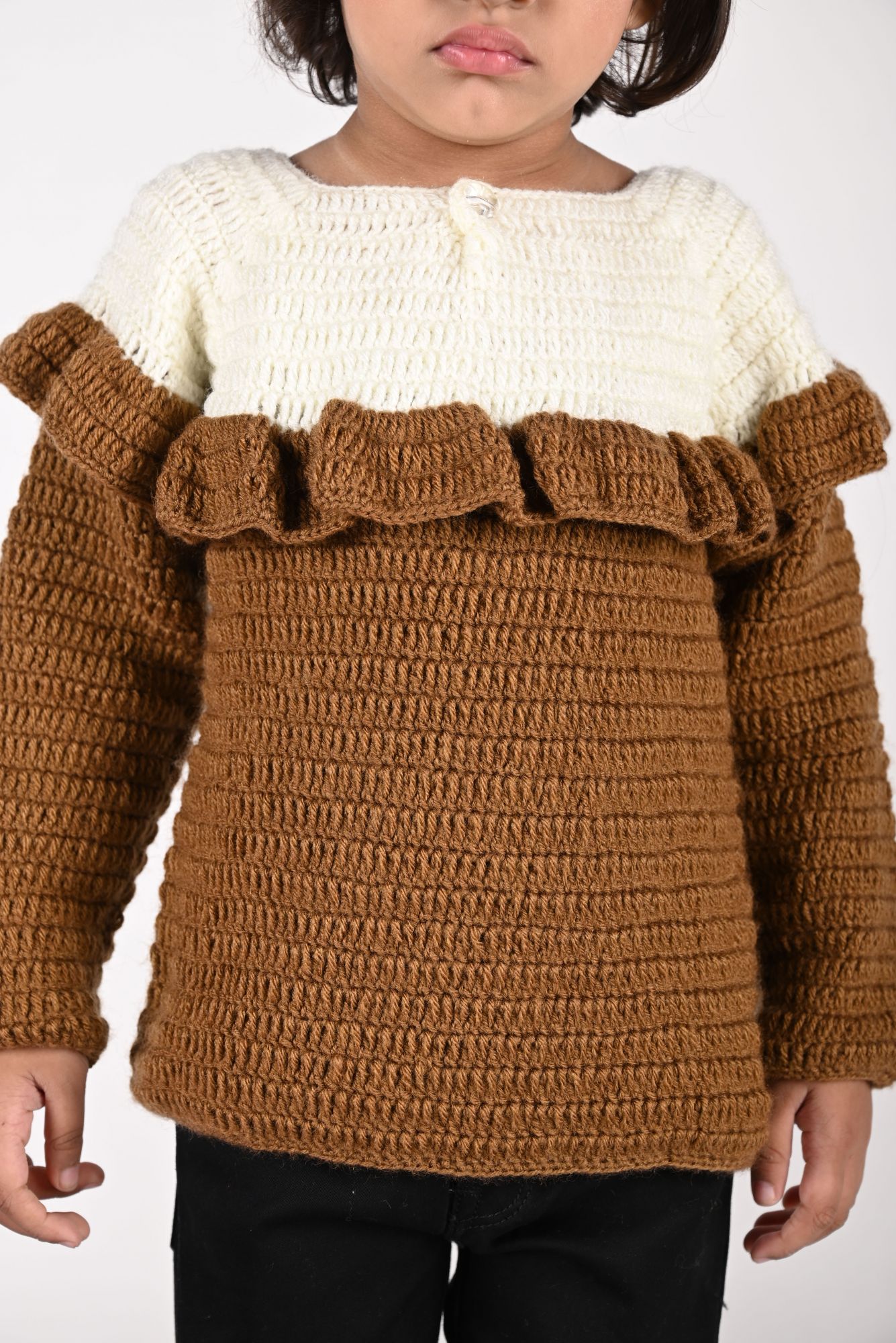 Woonie Full Sleeves Solid Ruffled Handmade Sweater - Brown