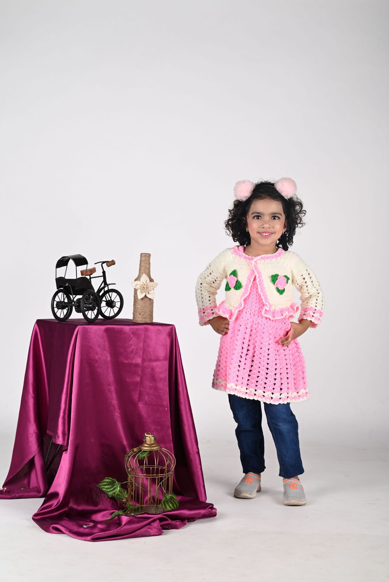 Woonie Dress With Full Sleeves Flower Design Jacket -Pink