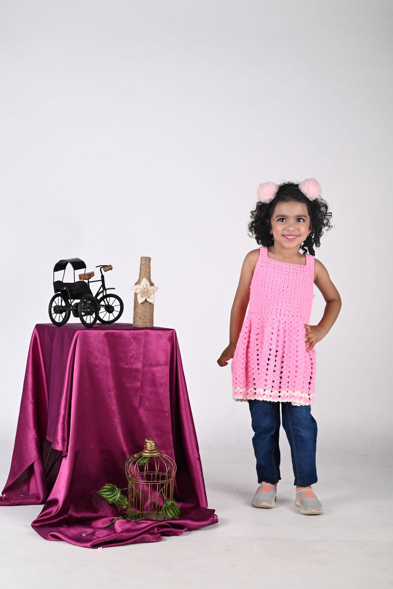 Woonie Dress With Full Sleeves Flower Design Jacket -Pink