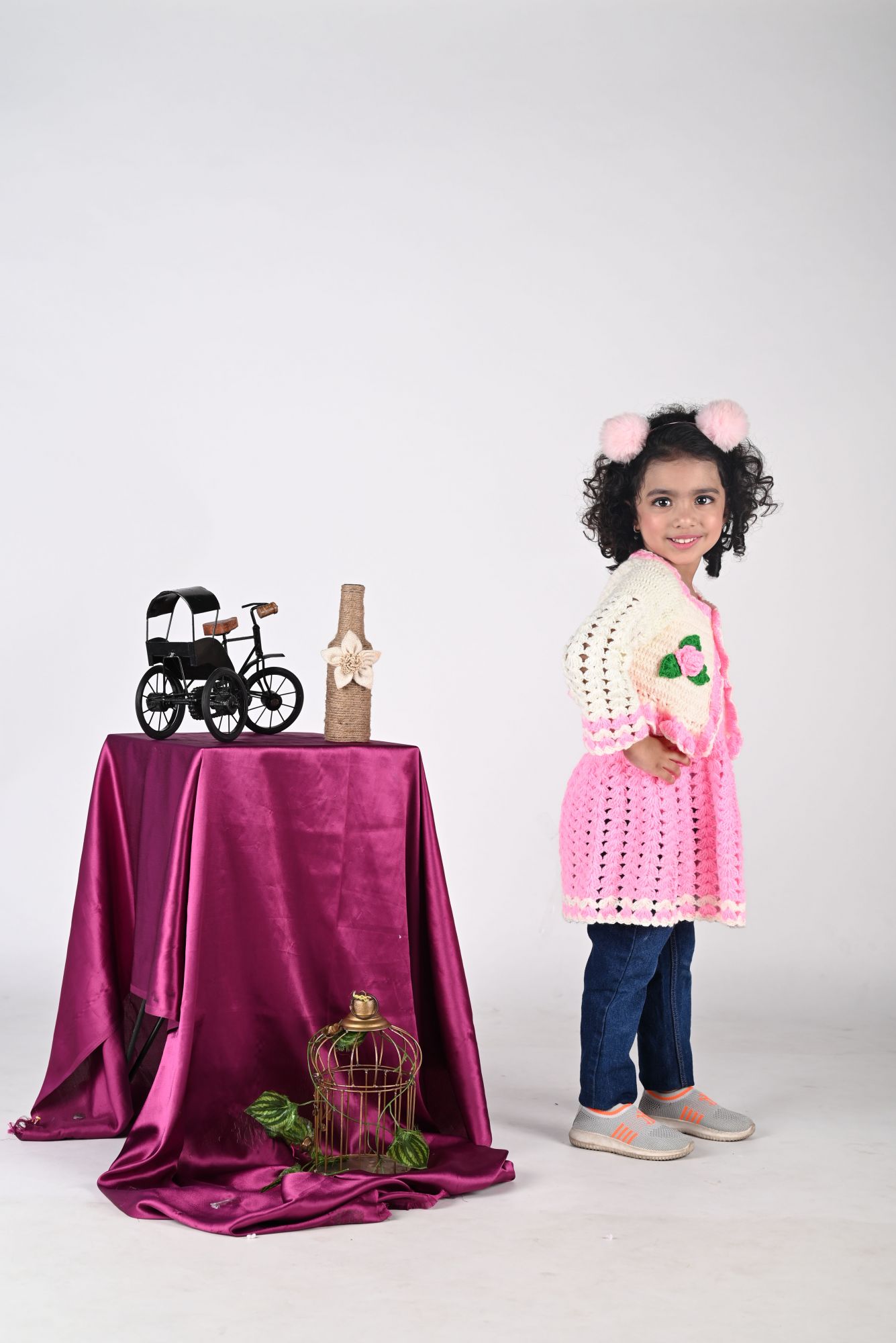Woonie Dress With Full Sleeves Flower Design Jacket -Pink